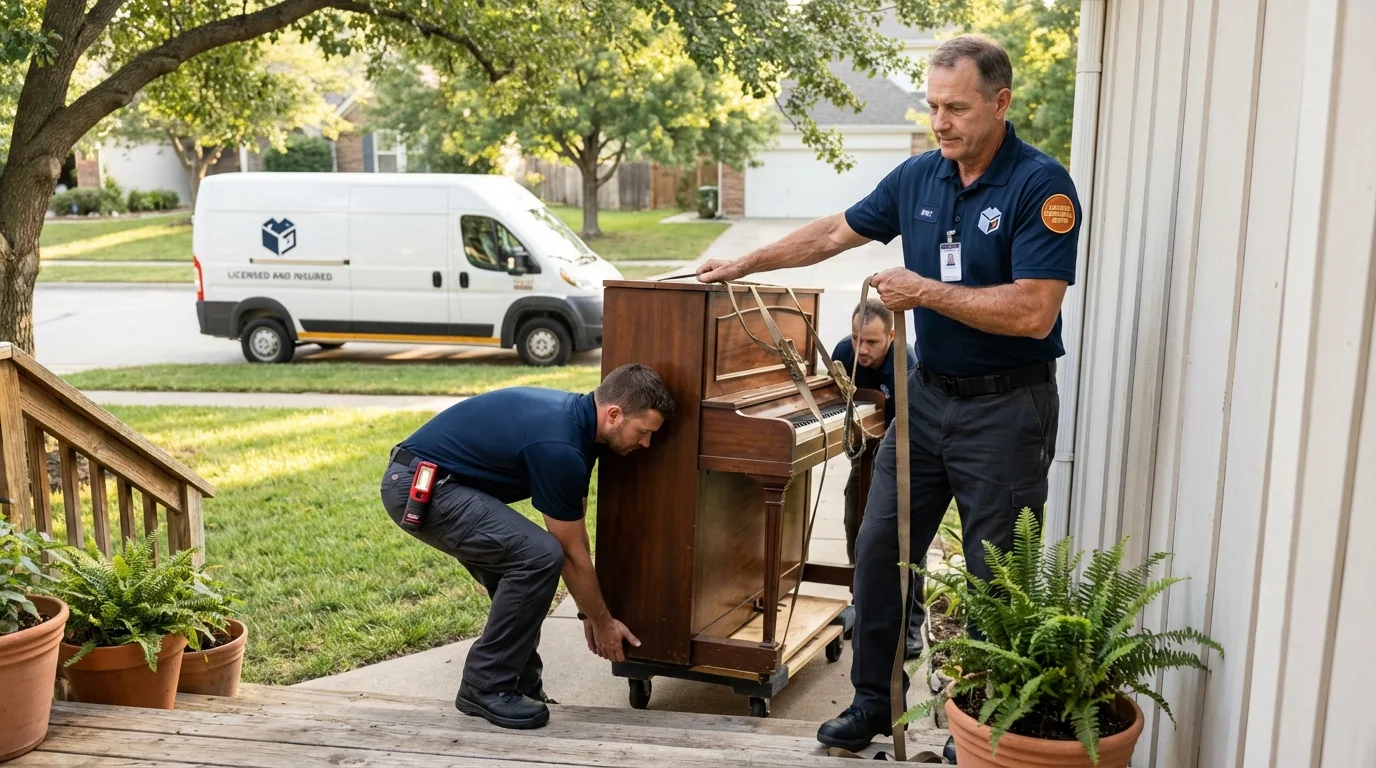 Licensed piano movers securing grand piano in Mulvane, KS