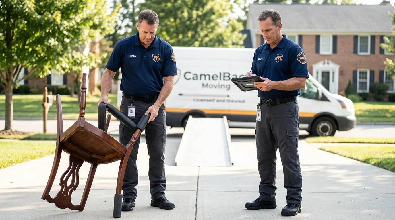 Movers inspecting furniture for damage prevention before loading in Mulvane, KS